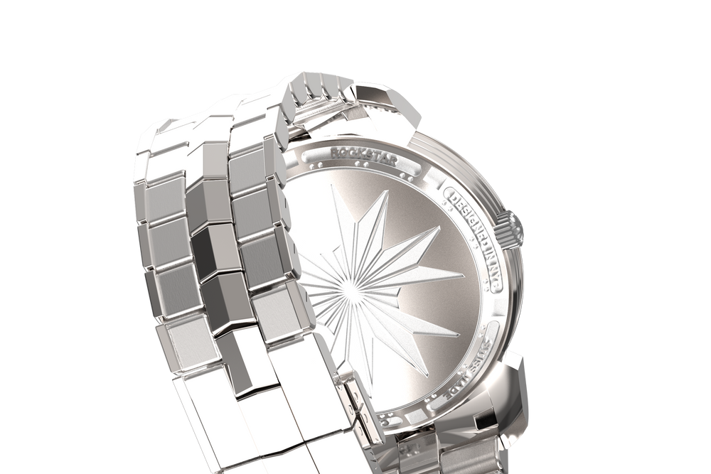 The Van Alen's caseback and steel bracelet