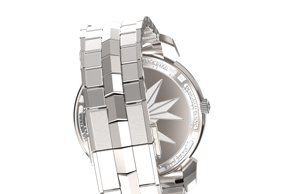 The Van Alen's caseback and steel bracelet, seen from the side